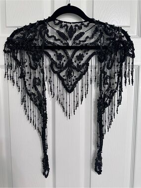 Source Unknown Black Beaded Fringe Scarf Wrap